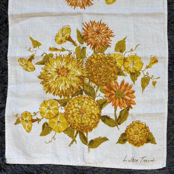 Vintage Fallani Cohn Linen Tea Towel By Luther Travis Yellow Floral Design Retro - Picture 1 of 6